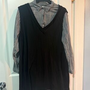 Black Sleeveless Dress with Plaid Shirt